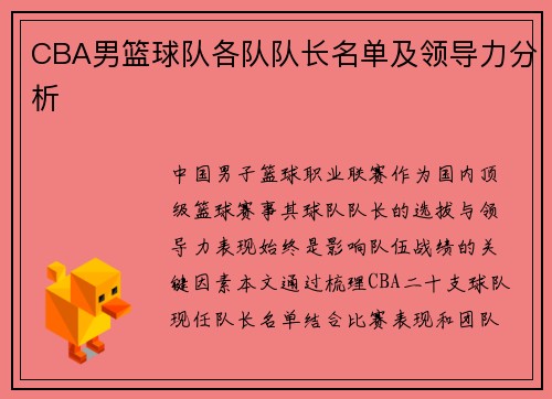 CBA男篮球队各队队长名单及领导力分析